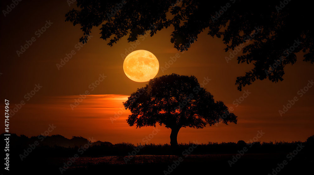 Fototapeta premium Tree silhouette with glowing full orange moon at night