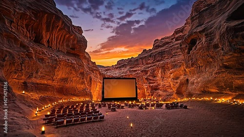 Spectacular Desert Cinema Experience Under a Vibrant Sunset Sky Amidst Majestic Cliffs