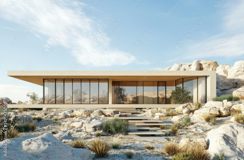 Obraz premium Modern house integrated into rocky desert terrain