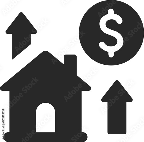 House with dollar sign and upward arrows for rising property value, solid icon vector.