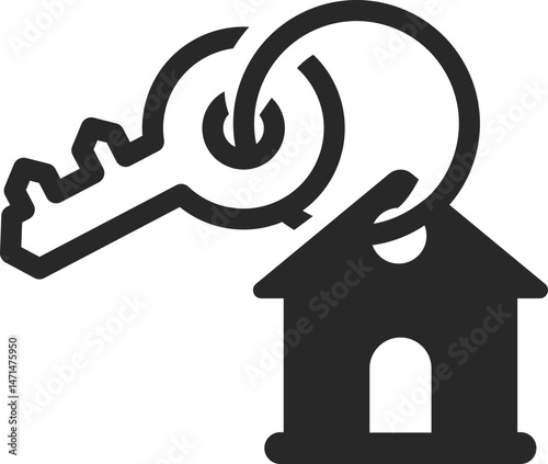 House with large key symbol for home access or ownership, solid icon vector.