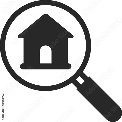 Magnifying glass focusing on house for property search, solid icon vector.