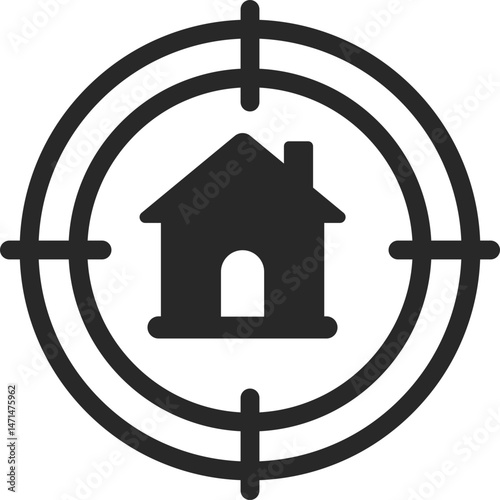 House inside a target scope for property focus or goal, solid icon vector.