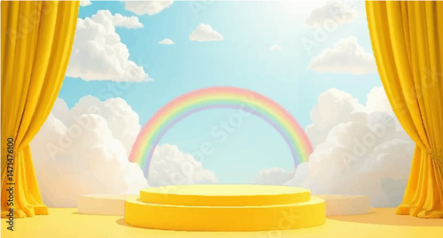 A colorful rainbow brightens the sky as the sun shines through the light clouds in this nature landscape