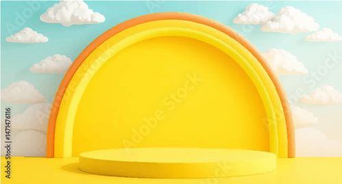 A colorful rainbow brightens the sky as the sun shines through the light clouds in this nature landscape