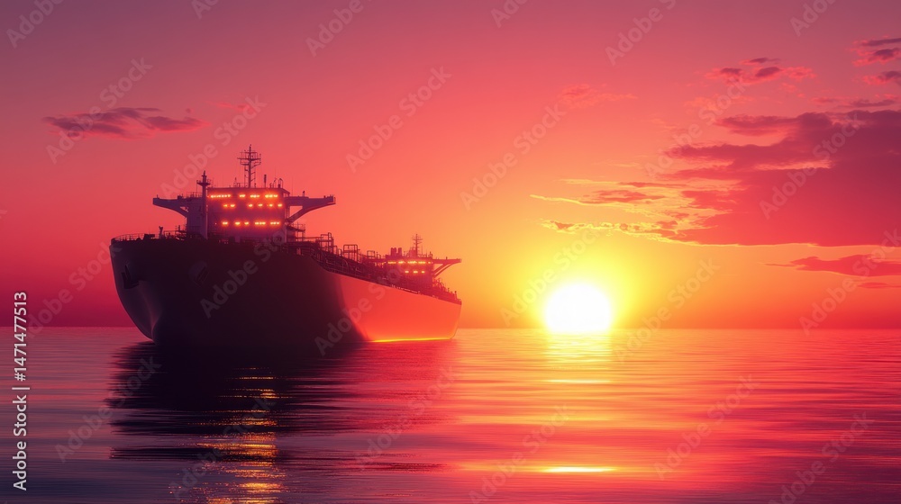 Fototapeta premium Majestic Oil Tanker at Sunset: A Vibrant Ocean Scene