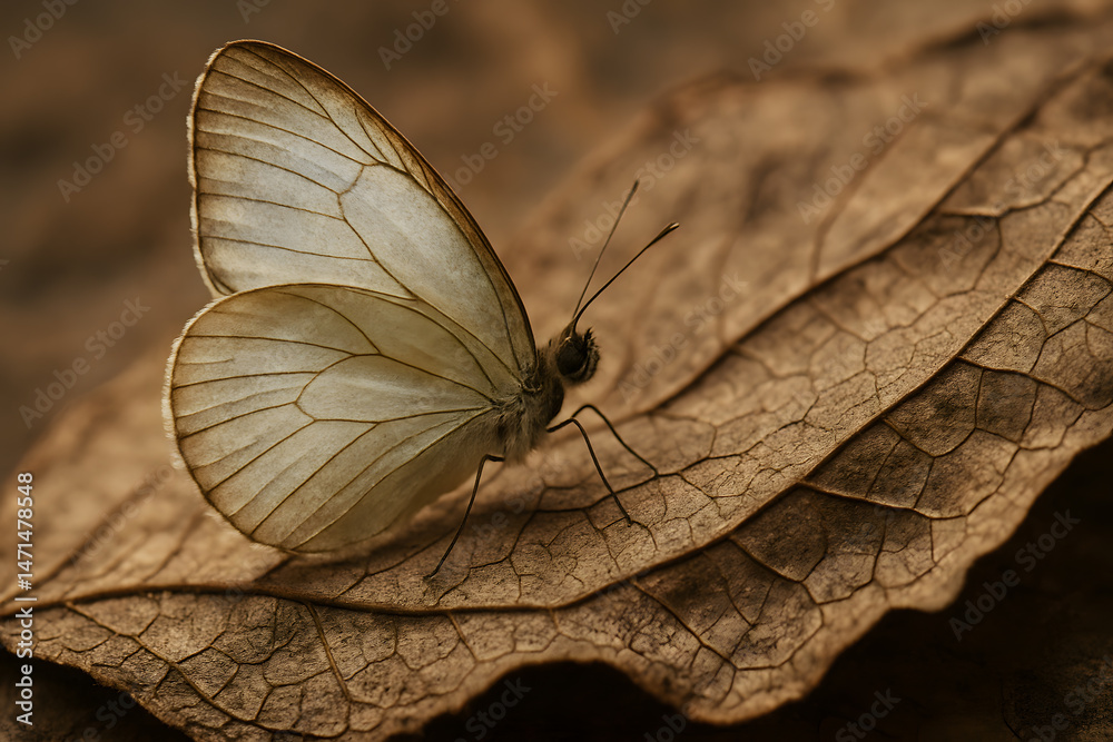 Obraz premium Delicate Butterfly Resting on a Cracked Leaf