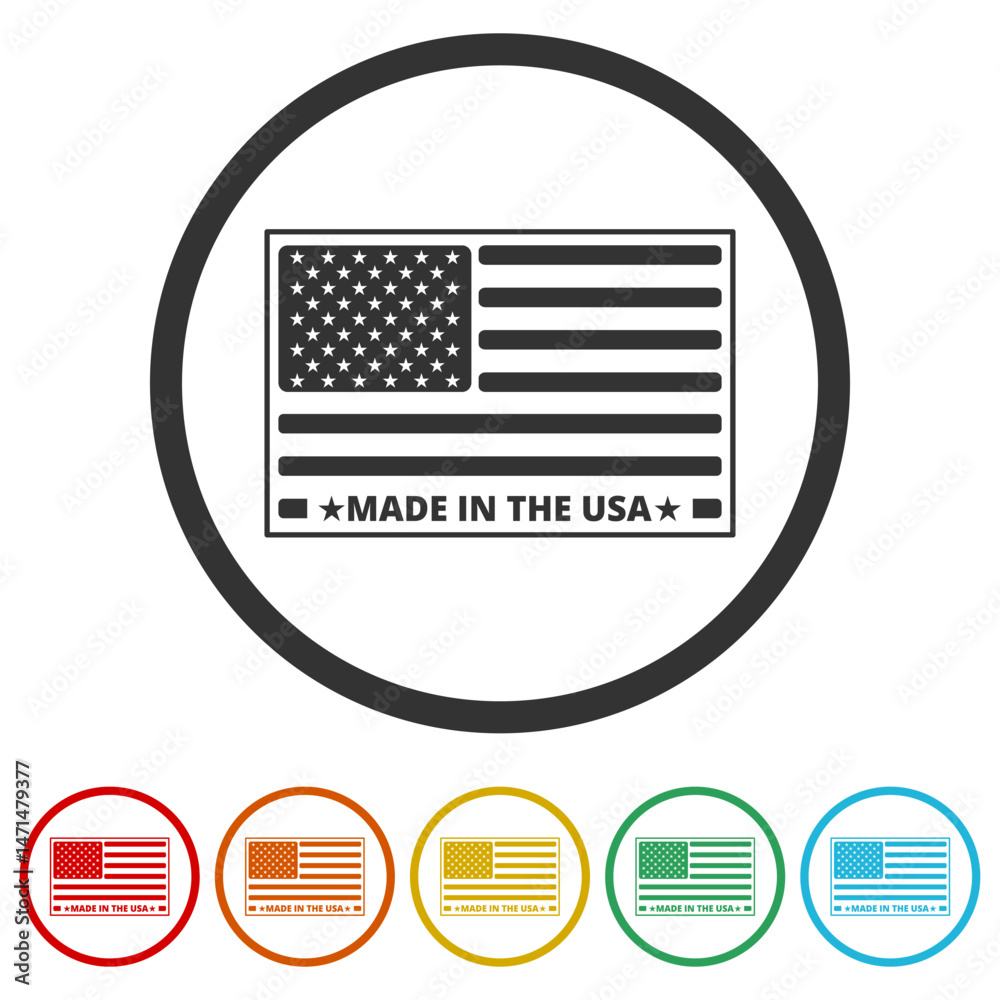 Made in USA flag icon. Set icons in color circle buttons Made in USA flag icon. Set icons in color circle buttons
