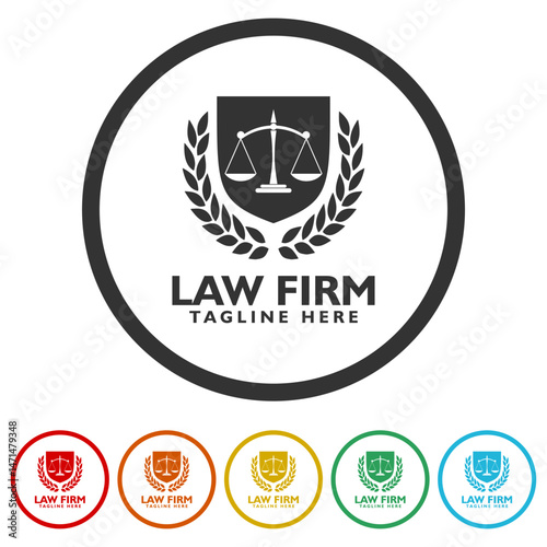 Law firm logo template. Set icons in color circle buttons