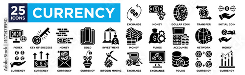 Currency icon collection set. Containing design Exchange ,Money ,Dollar Coin ,Money Transfer ,Initial Coin Offering