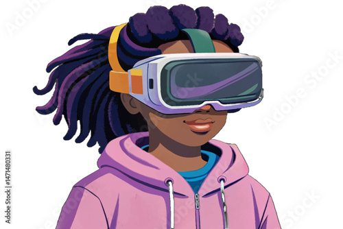Young black girl in pink hoodie wearing virtual reality headset, fully immersed in digital experience. Concept of futuristic gaming, VR exploration, and modern technology, isolated on white background