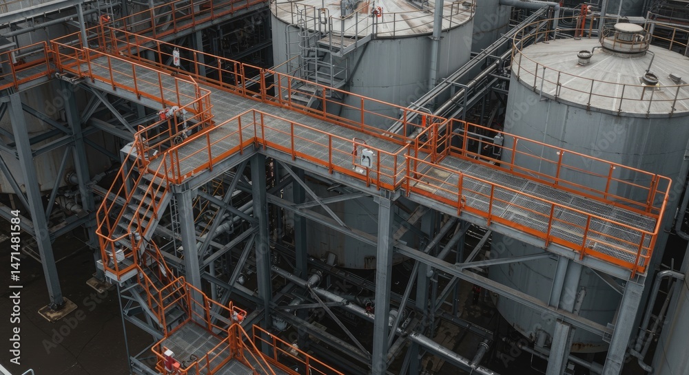 Fototapeta premium Industrial facility with elevated walkways and storage tanks