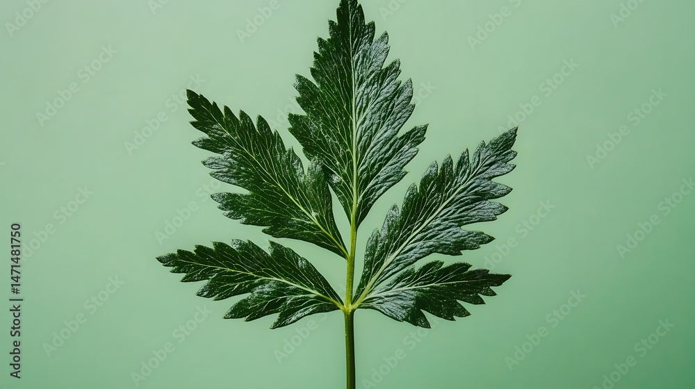 Close-Up of Green Fern Leaf Against a Vivid Green Background