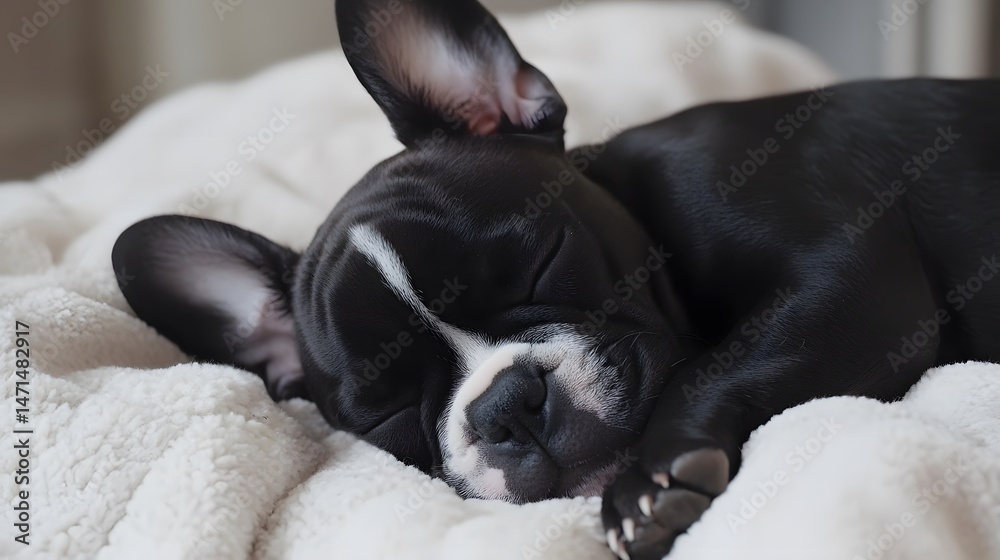 French Bulldog sleeping on human bed