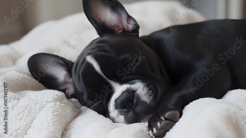 Obraz na płótnie French Bulldog sleeping on human bed w salonie