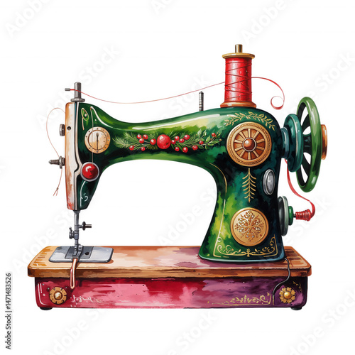 Vintage green sewing machine decorated with Christmas motifs on a wooden table
