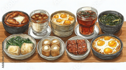 Variety of asian dishes illustration