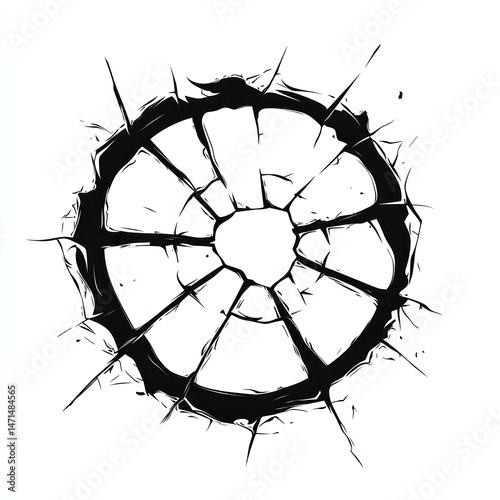 Broken glass circle hole, white background, graphic design