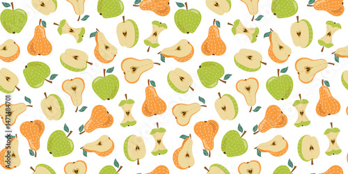 Apple, pear. Fruity seamless pattern. Slices and whole, hand drawn cartoon fruities with leaves. Vitamin natural vegetarian food, garden crop, harvest. Drawing, repeating background.