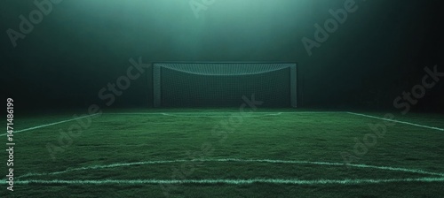 Empty soccer field at night, green grass, goal net in the background, illuminated by a single light source, creating a dramatic and mysterious atmosphere. : Generative AI