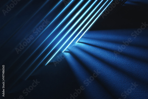 Dark background with lines and spotlights, neon light, night view. Abstract blue background
