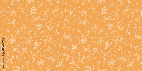 Fruits, branches, leaves. Seamless pattern, doodle illustration. Apples, pears icons. Vegetarian food, healthy eating. Repeating background.