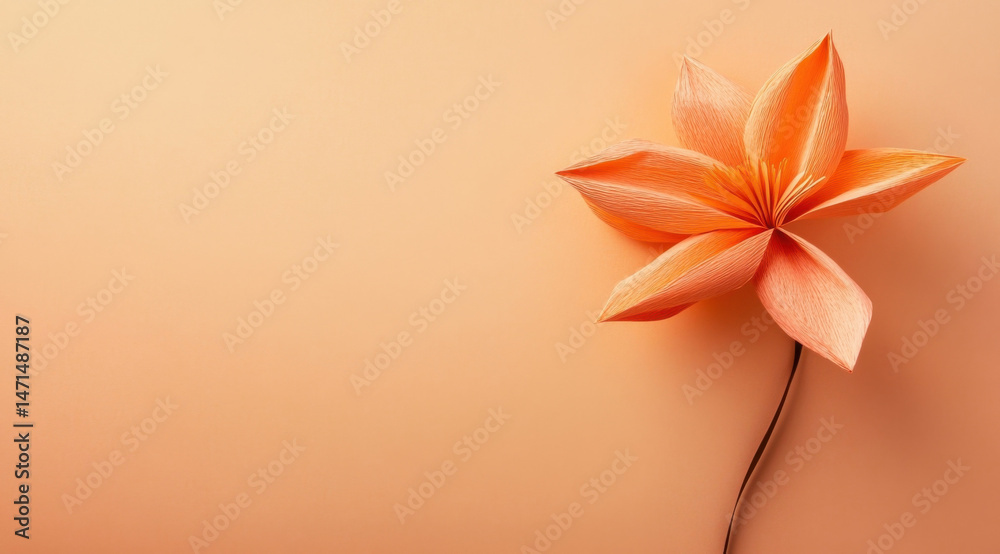Fototapeta premium A single, delicate peach-colored paper flower with a slender stem, elegantly positioned against a soft, matching background. : Generative AI