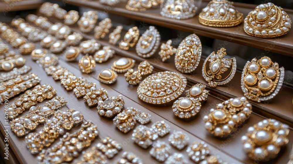 Obraz premium Luxurious Gold and Pearl Jewelry Collection Displayed on Wooden Shelves
