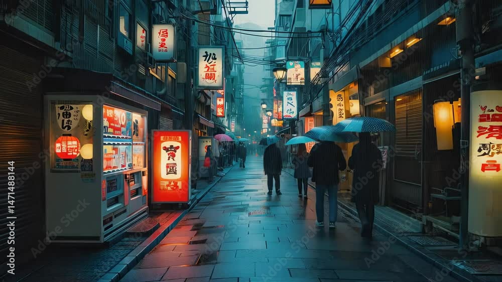Pedestrians with umbrellas stroll lantern lane, rain alley reflections shimmer on stones, rain alley neon signs flicker soft, rain alley feels cinematic calm. Concept of city nostalgia. Pedestrians with umbrellas stroll lantern lane, rain alley reflections shimmer on stones, rain alley neon signs flicker soft, rain alley feels cinematic calm. Concept of city nostalgia.