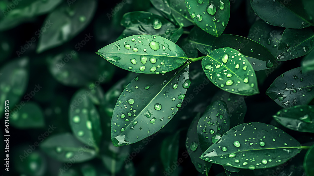 Fototapeta premium Raindrops cling to vibrant green leaves in a lush and refreshing scene.