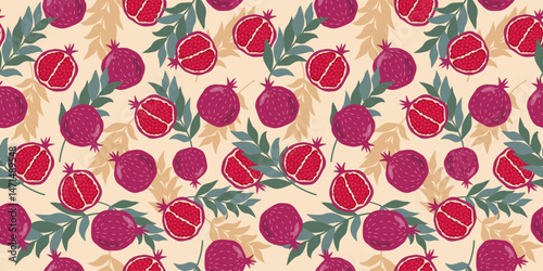 Pomegranate with leaves. Slices and whole fruit pattern. Vitamin natural vegetarian food. Color flat illustration, graphics print. Seamless background.