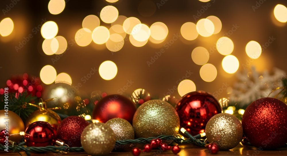Sparkling Christmas Ornament Collection Festive Red and Gold Holiday Decorations with Bokeh Lights Background Sparkling Christmas Ornament Collection Festive Red and Gold Holiday Decorations with Bokeh Lights Background