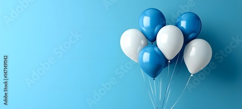 Blue and white party balloons brunch background.