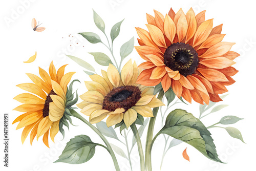 Watercolor Sunflower Isolated on transparent Background