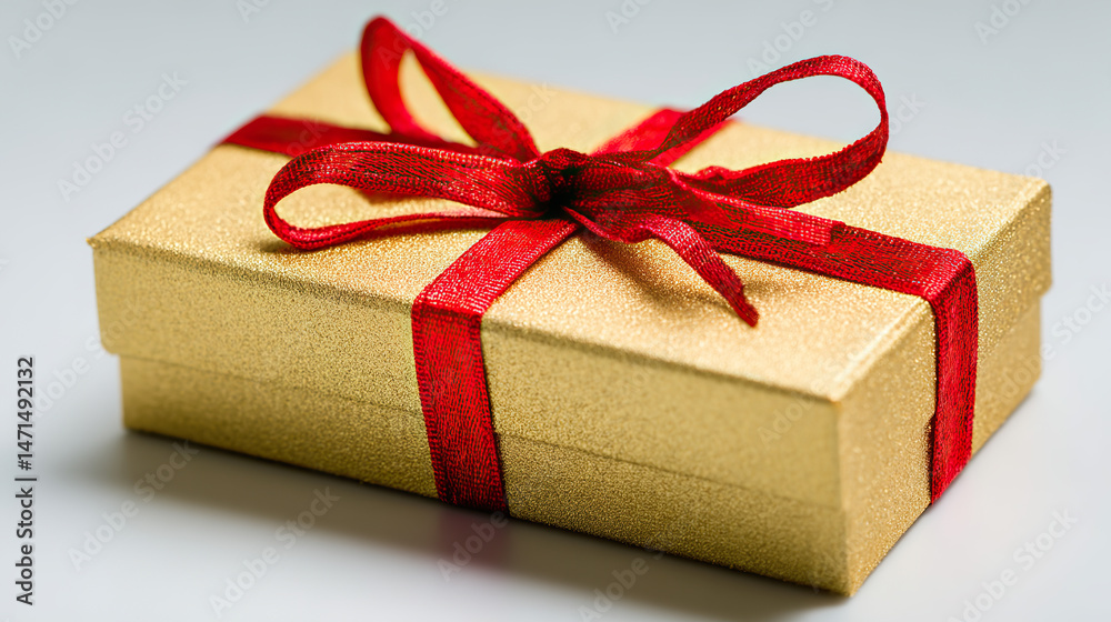 Obraz premium Golden gift box with red ribbon, symbolizing luxury and celebration