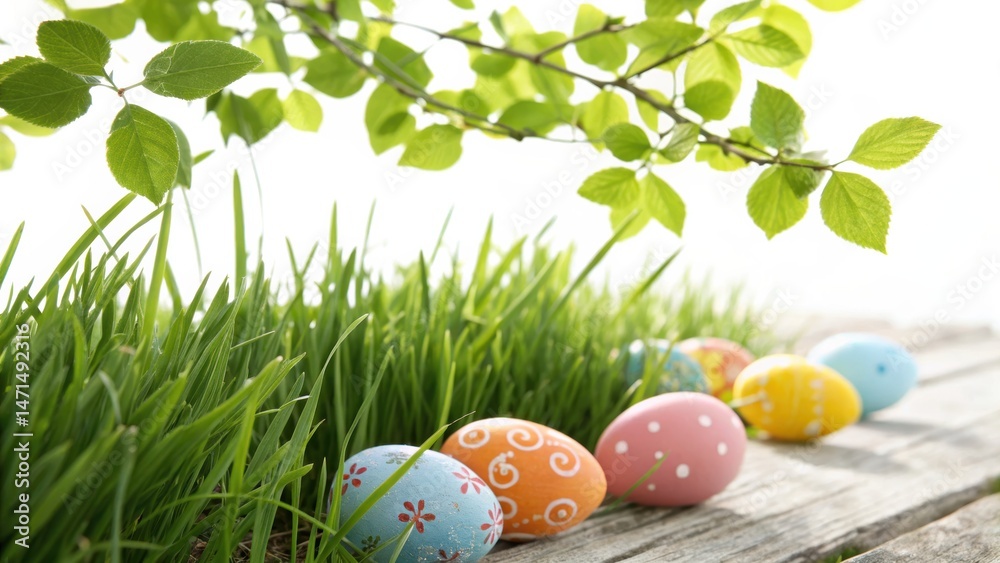 Fototapeta premium Happy Easter Colourful EGGs on Transparent Grass with Spring Background
