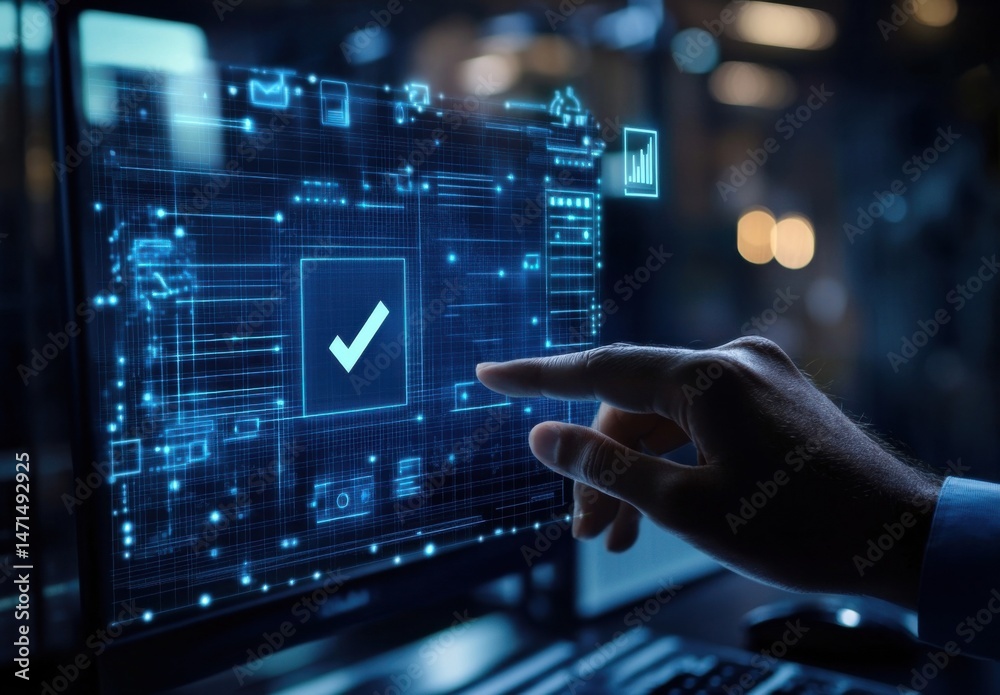 A hand interacts with a digital interface displaying a checkmark, signifying approval or successful completion of a task within a technological context. : Generative AI A hand interacts with a digital interface displaying a checkmark, signifying approval or successful completion of a task within a technological context. : Generative AI