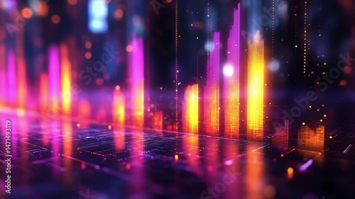 Colorful digital audio visualizer bars glowing on a reflective surface in a dark background.
