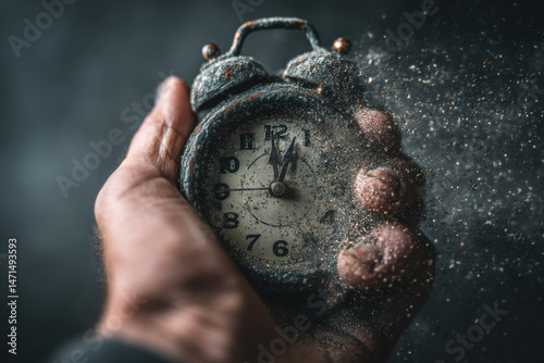 Retro alarm clock or vintage alarm clock in old hand. Time is running out concept shows clock that is dissolving away into little particles
