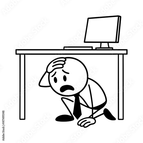 Hiding businessman under desk symbolizing workplace anxiety