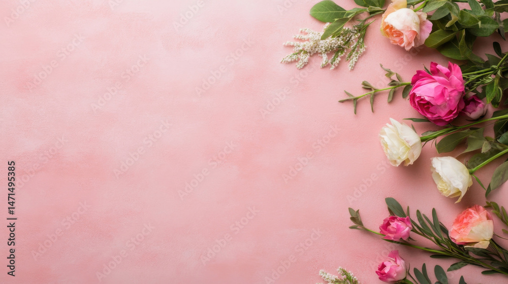 Fototapeta premium Pink and white flowers arranged on a blush pink textured background, creating a delicate and romantic floral border. : Generative AI