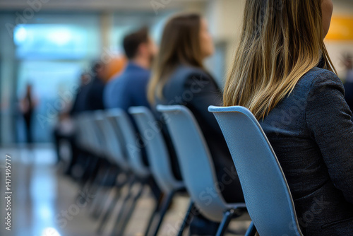 man business chair sitting waiting woman businessman candidate recruitment businesswoman office businessperson job young interview line