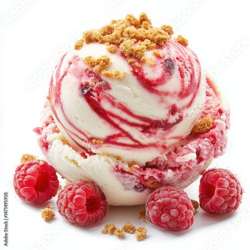 A layered raspberry cheesecake ice cream scoop, with swirls of rich cheesecake filling and raspberry 