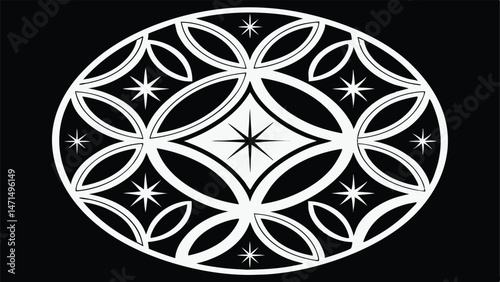 Black and white oval design with stars, abstract geometric pattern, decorative art, vector illustration
