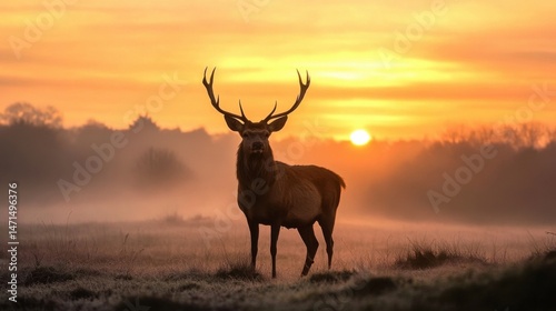 Majestic red deer stag silhouetted against a vibrant sunrise, standing in a misty meadow, showcasing its impressive antlers. : Generative AI