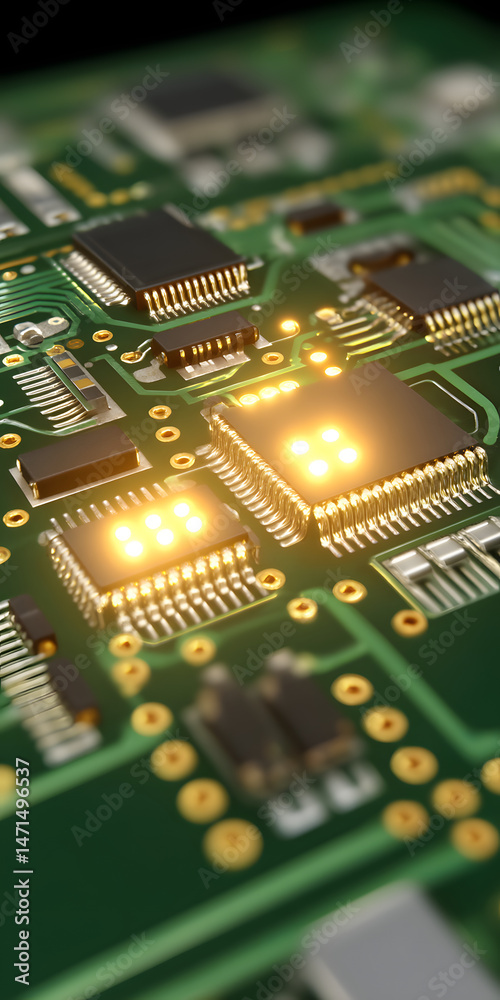 Obraz premium Glowing Circuit Board Design with Intricate Electronic Components