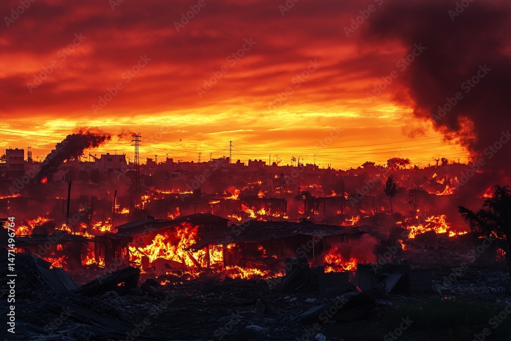 Destruction and Fire Engulfing Ruined Cityscape Under Fiery Sunset Sky Destruction and Fire Engulfing Ruined Cityscape Under Fiery Sunset Sky