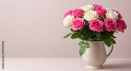 Elegant Bouquet of Pink and White Roses in a Cream Pitcher A Stunning Floral Arrangement for Any Occasion