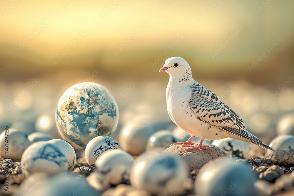Obraz premium A white bird is standing on a rock next to a large blue and white egg