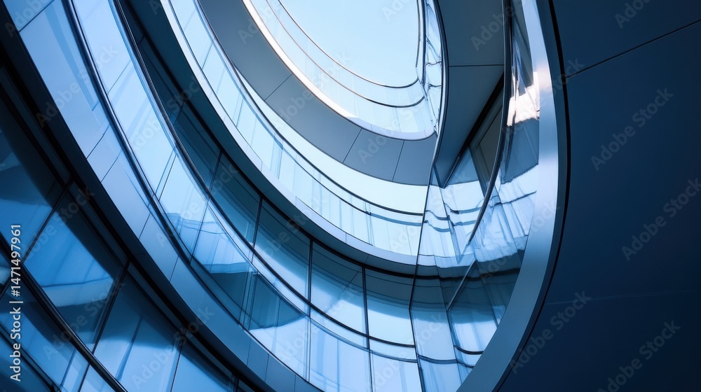 Fototapeta premium Abstract architectural photography of a modern building's curved glass facade, showcasing a unique design and reflecting the sky. : Generative AI